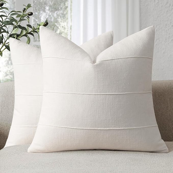 Decorative Linen Throw Pillow Covers 22x22 Set of 2 Solid handcrafted Striped Cushion Covers for Bed Soft Modern Farmhouse Neutral Pillowcase for Couch Bedroom Living Room Home Decor(Cream White)
