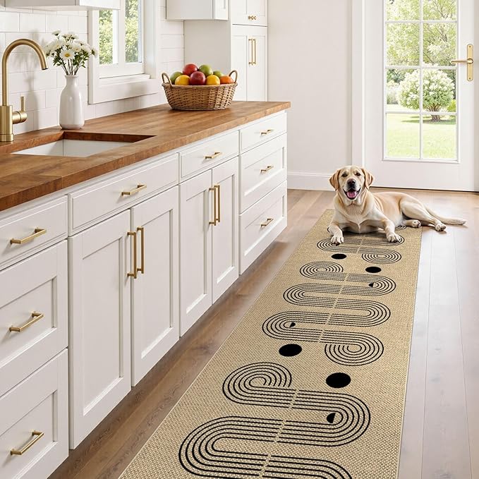 Kitchen Runner Rugs for Hallway, 2x8 Washable Farmhouse Non Slip Outdoor Runners Rug for Bedroom Porch Laundry Bathroom Geometric Brown