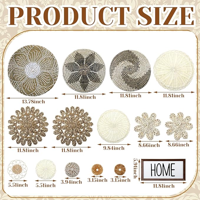 Xuhal 15 Pcs Boho Wall Basket Decor Handcrafted Seagrass Woven Wall Basket Rustic Round Woven Hanging Art for Home Farmhouse Kitchen Table Living Room(Elegant Style)
