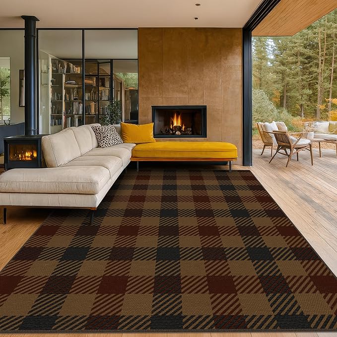 JTJ Vintage Large Plaid Area Rug for Living Room - Classic 8x10 Easy Jute Classic Brown and Red Rug for Bedroom, Dining Room, Outdoor Porch, Neutral Dark Brown Retro Décor