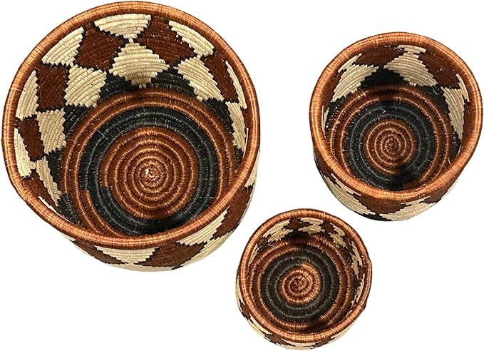 Handwoven African Planter Baskets (Set of 3) Sisal basket for Indoor Plant Pots Vase Home decor Storage Organizer Zen Designs Arts and Crafts (Brown and Natural Black)