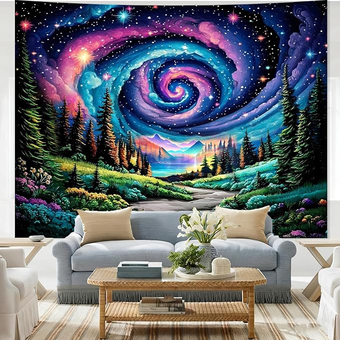 Apdidl Space Galaxy Forest Tapestry for Bedroom, Green Nature Landscape Colorful Night Starry Sky Stars Wall Tapestry, Mysterious Nebula Mountain Wall Hanging Backdrop Decor for Living Room 60" X 79"