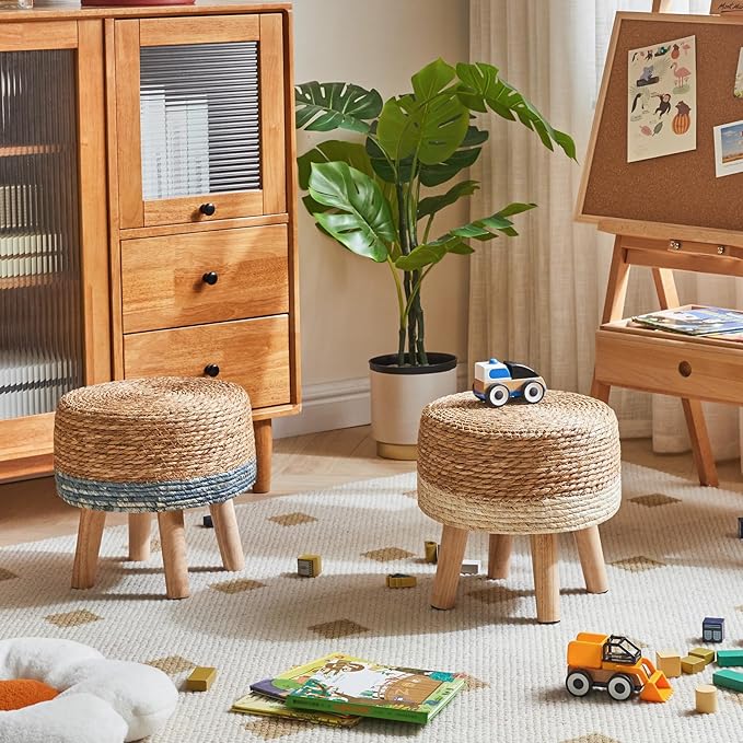 YMYNY Foot Stool Natural Seagrass Hand Weave, 12.6" Small Ottoman, Round Footrest for Living Room, Bedroom, Entryway, Change Shoes Stool, Non-Skid Wood Legs, Boho, Natural+Blue, UHBD027Q