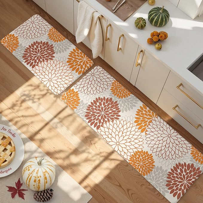 KIMODE Kitchen Mats for Floor Anti Fatigue, 17"x47"+17"x29" Dahlia Floral Kitchen Floor Mats,Farmhouse Kitchen Rugs Non Slip Cushioned, Comfort Standing Desk Mat for Sink, Laundry, Desk Orange