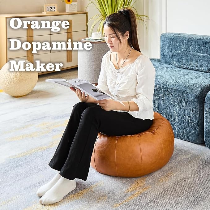 Louis Donné Unstuffed Pouf Ottoman Foot Rest DIY no Filler Cover Only Storage Waterprof Faux Leather Small Bean Bag Cover Reading Relax Floor Chair Waterproof Pet Friendly Easy Clean (Orange)