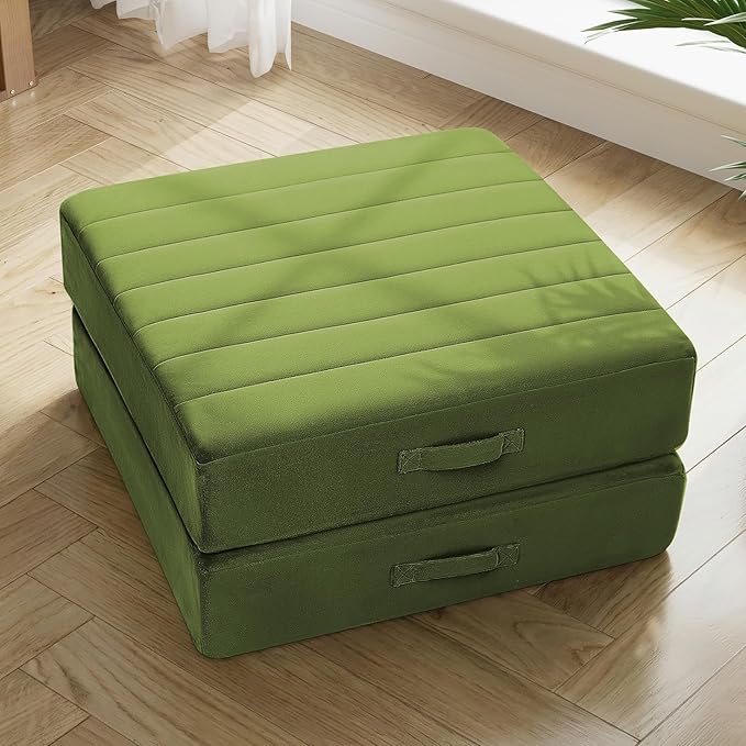 MeMoreCool Square Floor Pillows for Adults Kids, 2 Sets Large Meditation Cushion with 5" Thick Foam and Washable Tufted Cover, 24 Inch Green Seat Floor Cushions for Sitting and Yoga