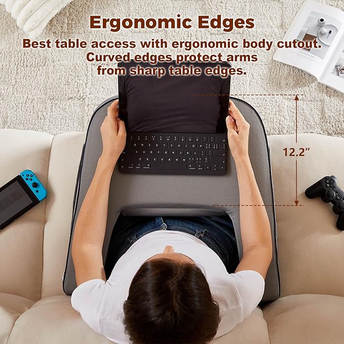Reading Pillow for Bed, Gaming Pillow for Lap, Petite Adults, Teens Arm Rest Pillow, Memory Foam Lap Desk Pillow for Reading, Working, Playing, Crocheting in Bed Couch(Grey)