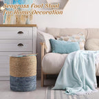 Barydat 2 Pcs 15'' Ottoman Pouf Natural Seagrass Braided Poof Hand Weaving Round Ottomans Boho Footrest Stool for Home Living Room Bedroom Patio(Natural and Blue)
