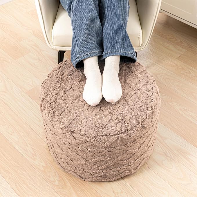 Round Ottoman Stuffed 20x12 Inches Floor Pouf Chair for Living Room Bedroom Modern Foam Pouf Ottoman Foot Rest for Couch Home Décor Pouffe (Light Coffee Pouf with Filler)