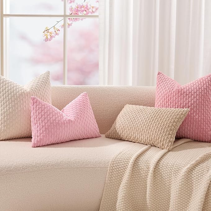 Kevin Textile Valentines Day 12x20 Inch Pillow Cover 1 Pack Boho Decorative Soft Striped Corduroy Lumbar Farmhouse Accent Rectangle Cushion Case for Living Room Couch Sofa Bed, Pink