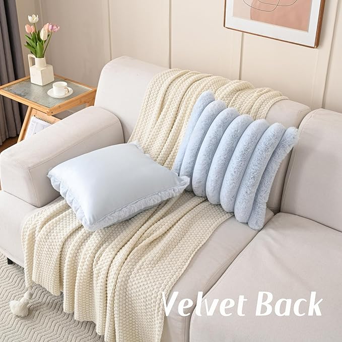 FUTEI Light Blue Decorative Throw Pillow Covers 22x22 Inch Set of 2, Square Soft Faux Rabbit Fur Thick Striped Cushion Cover,Spring Home Decor for Couch Bed Living Room