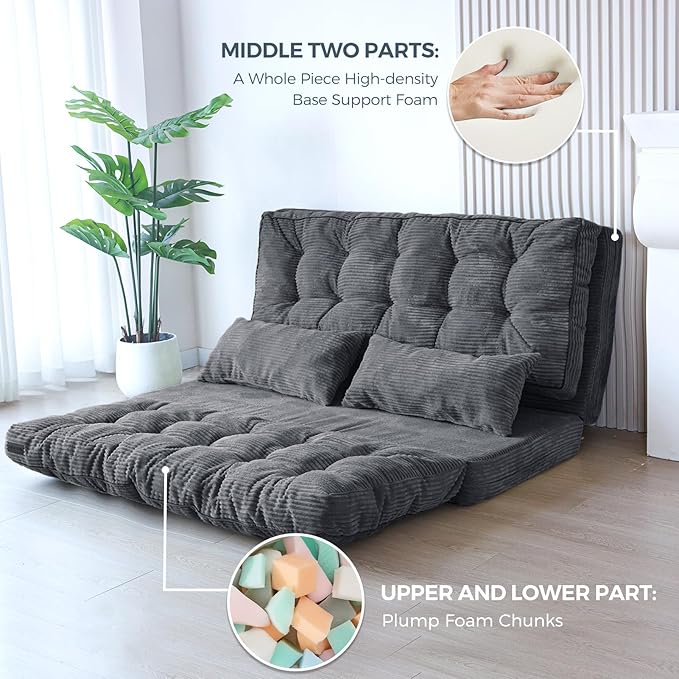 MAXYOYO Folding Sofa Bed, Tufted Bean Bag Bed with Pillows Floor Mattress for Adults, Extra Thick and Long Floor Sofa, Full Couch for Bedroom Living Room, Dark Grey, 54x91 Inch