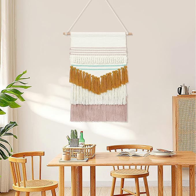LOMOHOO Macrame Wall Hanging Woven Tapestry with Tassel Tufted Colorful Geometry Tapestries Blue Yellow Pink Bohemian Art Boho Chic Decor Bedroom Apartment Home Decoration(Pink and Yellow)
