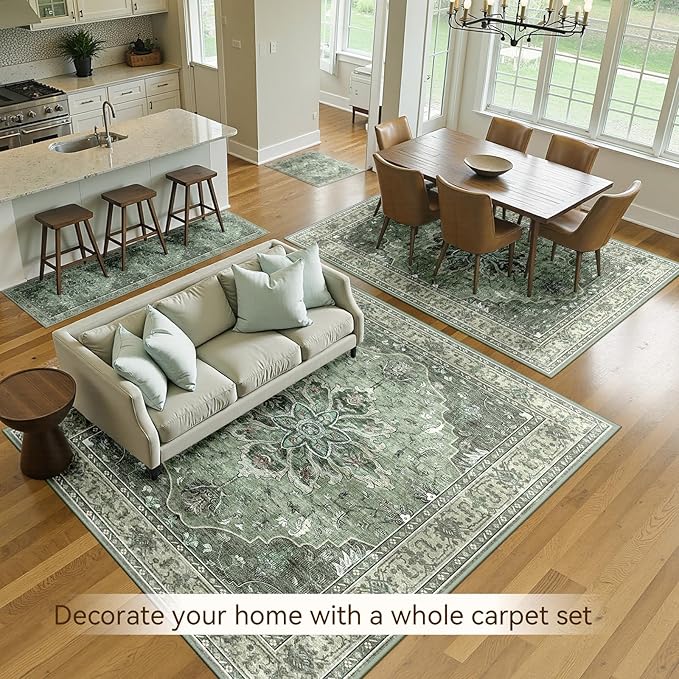 Area Rugs 4'x6' Washable Non-Slip, Floral Vintage Distress Print Pattern Medallion Carpet for Living Room Bedroom Dining Room, Dark Green Gray