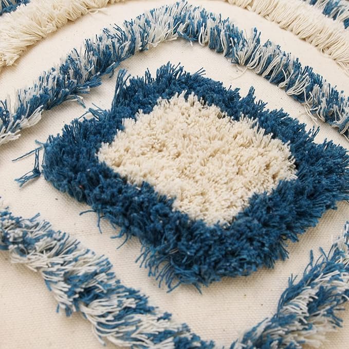 JASEN Boho Decorative Throw Pillow Cover，Blue and Beige Woven Tufted Pillow Cover with Tassels Bohemia Pillow Covers for Couch Sofa Bedroom Living Room 18x18 Inch