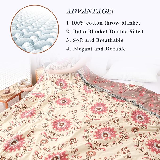 Snycler Boho Throw Blanket for Bed - 100% Cotton Ultra Soft Rustic Quilt - Pink Boho Floral Printed Farmhouse Decor Bed Blankets, 91"x98" All Season Rustic Throw for Sofa Couch Chair