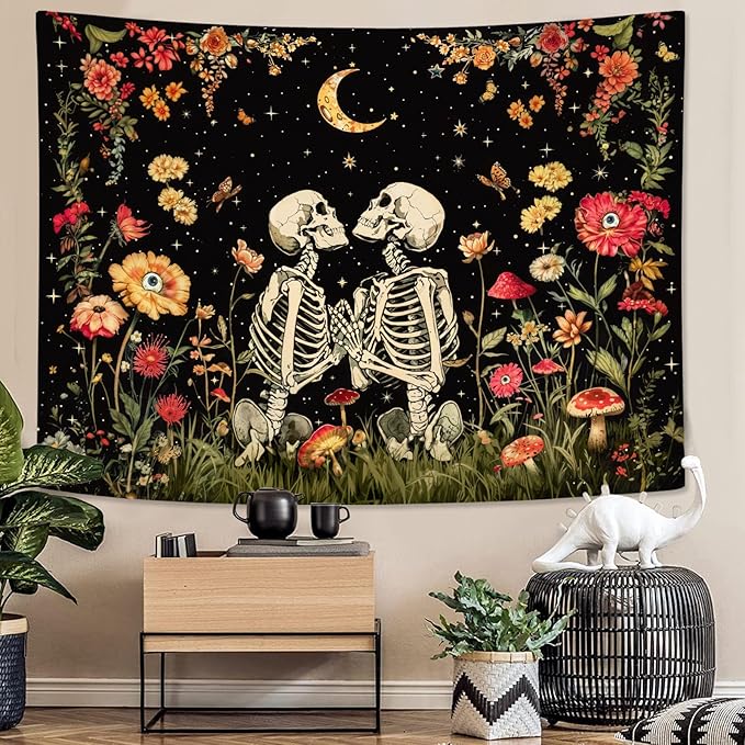 Wegklazax Floral Skeleton Lovers Gothic Wall Hanging for Bedroom & Living Room - Skull Tapestry 60x80 Inches