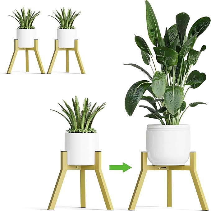 Adjustable Plant Stands Set of 2, Metal Small Plant Holder, Heavy Duty Stable Flower Holder Stand Rack for Various Pot Sizes Indoor Outdoor Corner Living Room Balcony Office Golden PS-007GY-2