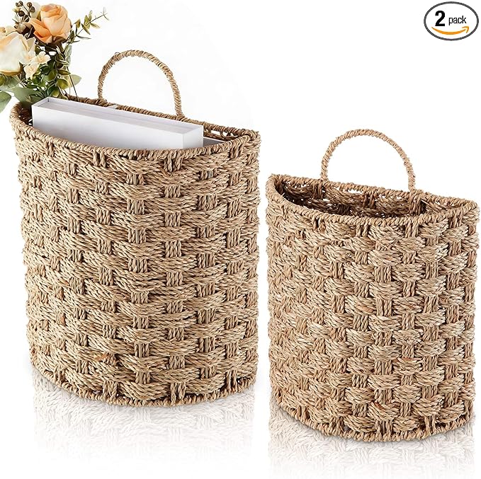 Chunful 2 Pcs Seagrass Hanging Wicker Basket, Natural Wicker Decorative Baskets, Handmade Woven Storage Organizer for House Garden Wedding Wall Decorations, Large & Small Size