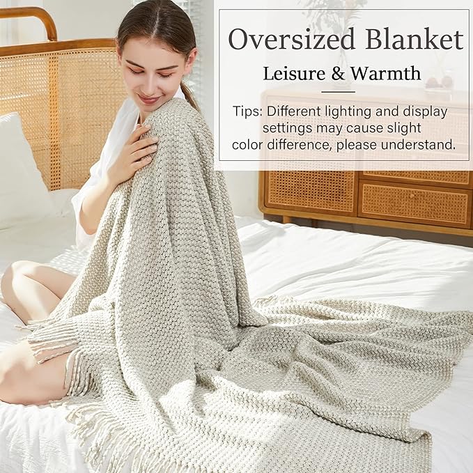 Blagic Grey and White Knit Throw Blanket with Tassel| Home Decor Blanket| Holiday Throw| Wrap Shawl Scarf, Lightweight Soft Cozy Warm Fluffy, Wheat Textured, 50" W x 60" L