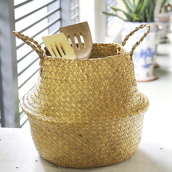 FixtureDisplays 14"X16"X10.5" Woven Seagrass Belly Plant Basket with Handles Plant Pot Handmade Home Decor Basket for Storage Plants,Laundry,Picnic,Plant Pot Cover,Beach Bag&Grocery Basket 22023-NPF