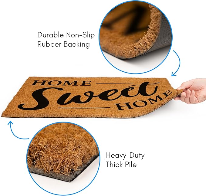 PLUS Haven 17.5x30 Home Sweet Home Door Mat with Heavy-Duty Backing - Coco Coir Doormat for Outdoor or Indoor Uses - Non-Slip Welcome Mats for Entryway or Porch - Easy to Clean - Natural Brown