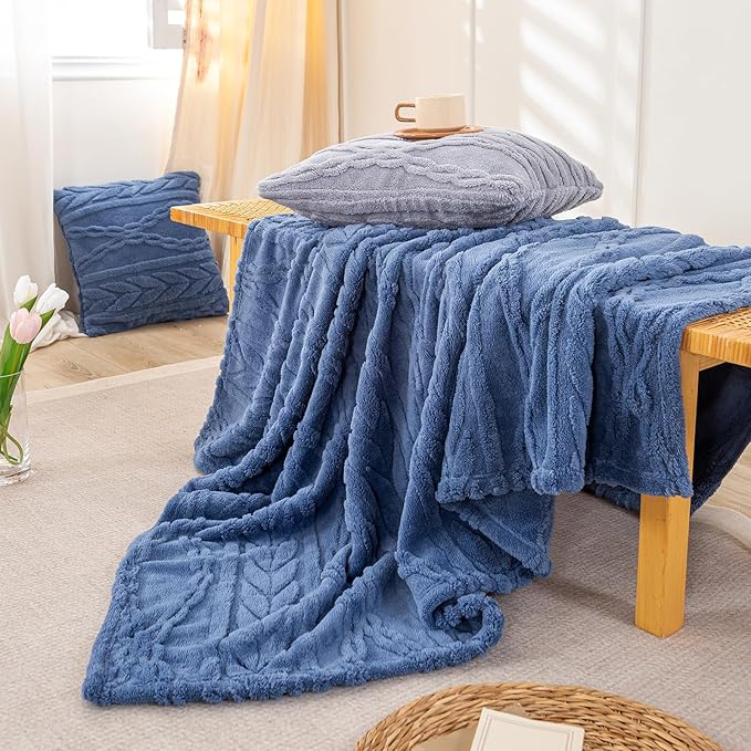 YUSOKI Sherpa Large Throw Blanket Single Layer,Light Weight(1.7lb),370GMS-3D Stylish Design for Gift Home Decor (Washed Blue,50"x65")