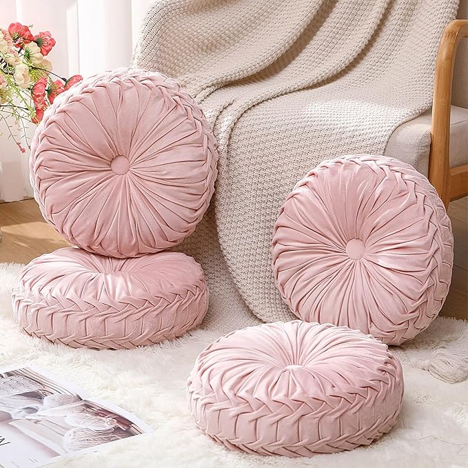 4 Pcs Round Throw Pillows 15 Inch Decorative Velvet Pleated Pumpkin Pillows Boho Floor Pillow with Center Button for Living Room Couch Chair Bed Sofa Home Decoration (Light Pink)