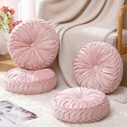 4 Pcs Round Throw Pillows 15 Inch Decorative Velvet Pleated Pumpkin Pillows Boho Floor Pillow with Center Button for Living Room Couch Chair Bed Sofa Home Decoration (Light Pink)