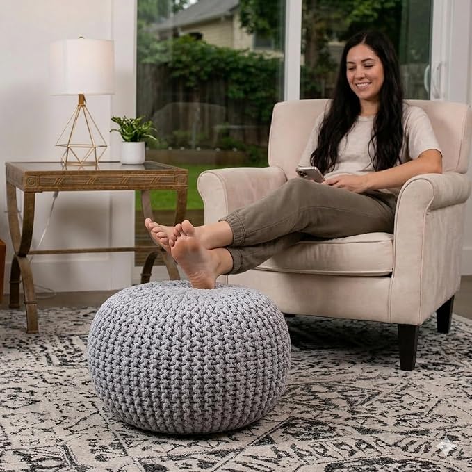 BIRDROCK HOME Round Pouf Ottoman | Cotton Braided Foot Stool with Bean Bag Filling | Boho Foot Rest for Living Room & Bedroom | Compact & Comfortable Seating, Lightweight & Soft | Light Grey