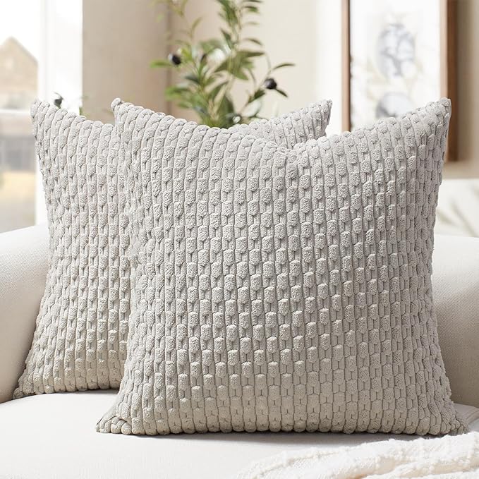Softalker Throw Pillow Covers 16x16 Inch, Set of 2, Soft Corduroy Boho Stripe Decorative Pillow Cover, Couch Fluffy Pillow Cover for Farmhouse Home Decor Bed Living Room, Grey