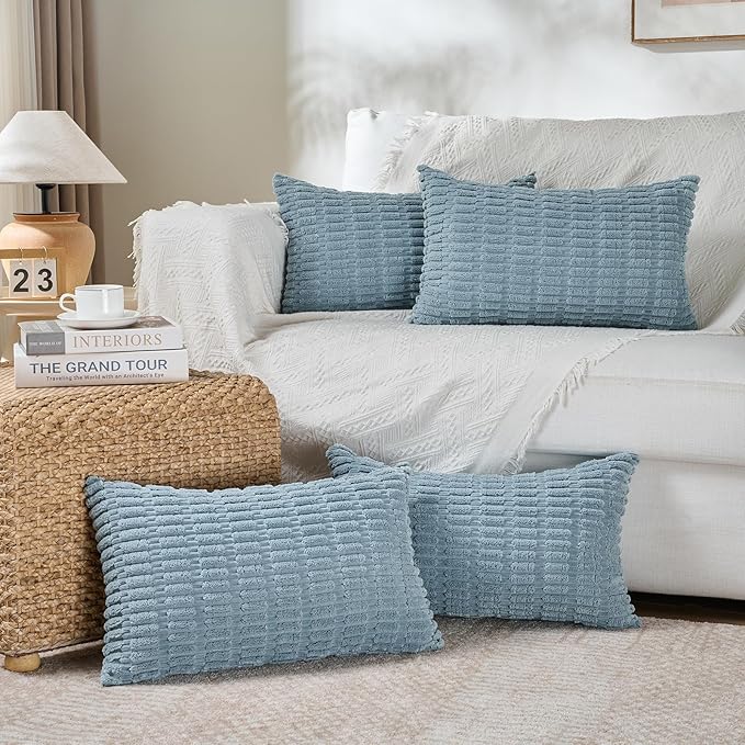 Fancy Homi 4 Packs Boho Light Blue Decorative Throw Pillow Covers 12x24 Inch for Couch Bed Sofa, Rustic Modern Farmhouse Home Decor, Soft Plush Corduroy Cute Rectangle Cushion Case 30x60 cm