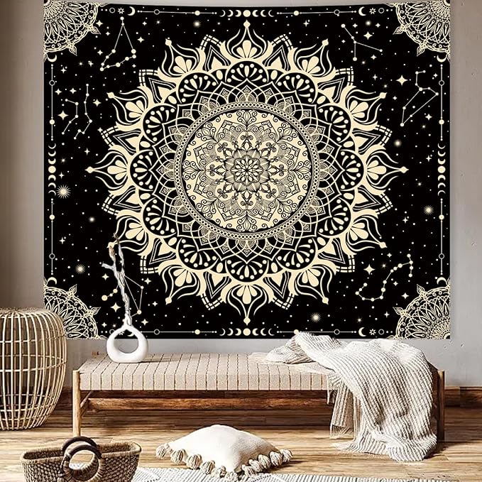 Apdidl Boho Black Mandala Tapestry for Bedroom Aesthetic, Hippie Decor Space Astrology Wall Art Ceiling Tapestries, Vintage Bohemian Indian Golden Blanket Wall Hangings for Living Room 60" X 79"