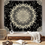 Apdidl Boho Black Mandala Tapestry for Bedroom Aesthetic, Hippie Decor Space Astrology Wall Art Ceiling Tapestries, Vintage Bohemian Indian Golden Blanket Wall Hangings for Living Room 60" X 79"