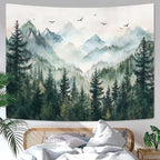 Zussun Misty Forest Mountain Tapestry Sage Green Nature Pine Tree Tapestry for Bedroom Aesthetic Watercolor Foggy Woodlands Birds Landscape Tapestries Wall Hanging for Living Room Dorm 80 x 60 Inch