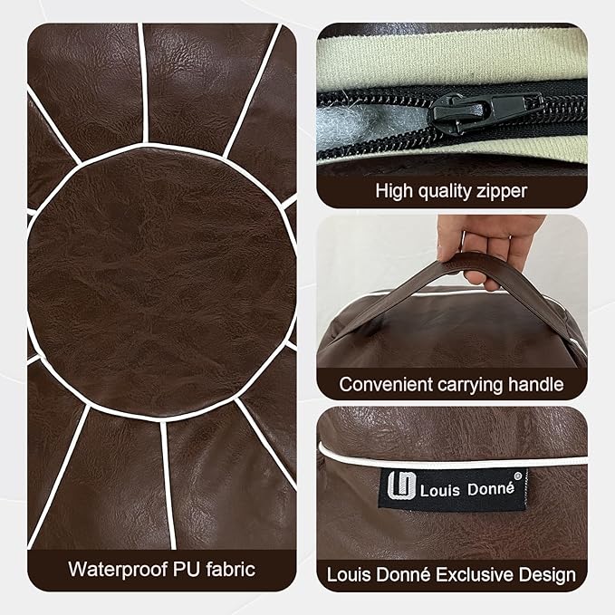 Louis Donné Unstuffed Round Pouf Ottoman Cover, Handmade Moroccan Decorative Pu Footstool Seat, Small Bean Bag with Storage, Floor Chair Footstool for Living Room, Bedroom Balcony(ONLY Cover)