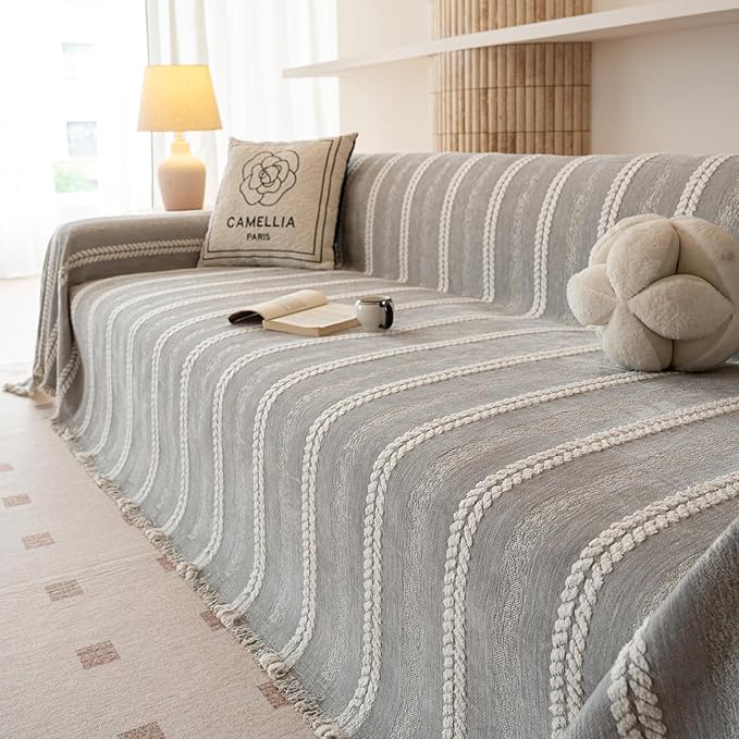 VClife Chenille Sofa Cover Bohemian Striped Pattern Couch Cover for 2 Cushion Sofa - Gray Creamy White Textured Sofa Slipcover Washable Furniture Protector for Couch Decorative Couch Cushion Cover