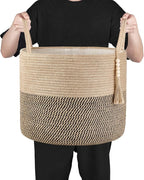 Mkono Woven Storage Basket Decorative Rope Basket Wooden Bead Decoration for Blankets,Toys,Clothes,Shoes,Plant Organizer Bin with Handles Living Room Home Decor, Yellow and Black, 16" W × 13.8"