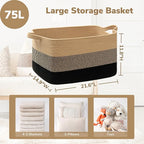 Goodpick Woven Blanket Basket, 21.6" x 14.9" x 11.8" Wicker Laundry Basket for Clothes, Storage Baskets for Organizing, Rectangle Rope Large Baskets for Storage, Black Jute