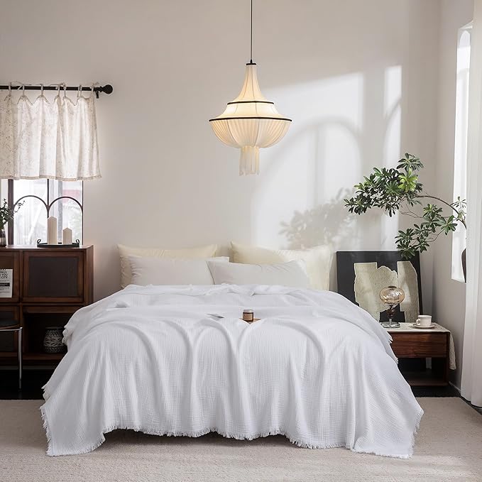 FOSSA Muslin Blanket with Fringe - 4-Layer 100% Cotton Gauze Super Soft & Breathable Throw -Lightweight Decorative Cooling Blanket for Bed, Sofa, Office -Oversize Queen Size 98" x 98" (Bright White)