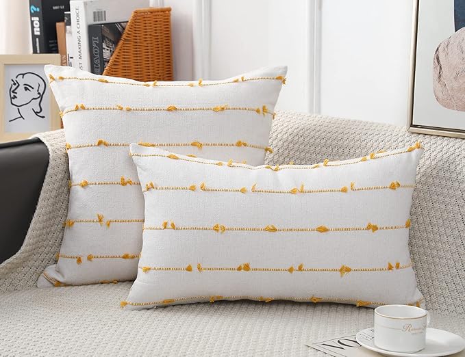 Set of 2 Boho Throw Pillow Covers 30x30,Beige Yellow Neutral Couch Pillow Case with Tassel Fringe Decorative，Modern Accent Farmhouse Cushion Covers for Sofa Couch Bed Living Room