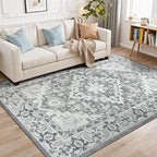 Lessymo 5x7 Area Rug for Living Room - Machine Washable Area Rugs, Super Soft Faux-Wool Area Rugs for Bedroom Kitchen, Boho Rug Vintage Floral Non-Slip Low Pile, Grey White