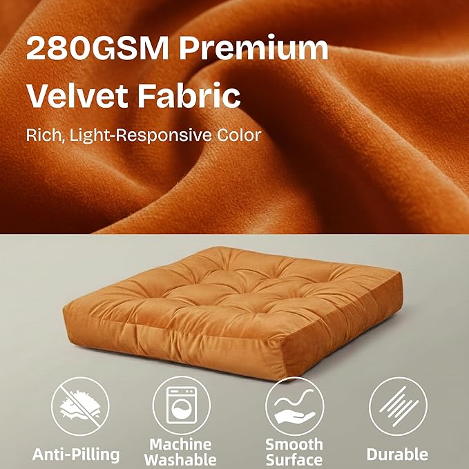 Floor Pillow for Sitting, Large Velvet Floor Seating Cushion for Adults, Tufted Big Pillow for Meditation, Yoga & Living Room, Machine Washable, 22x22 Inch, Orange
