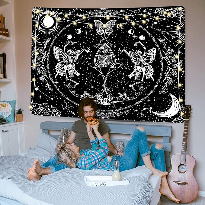KJHL Skull Tapestry Black and White Skeleton Lovers Tapestries Aesthetic Large Gothic Butterfly Wall Hanging for Bedroom Living Room 59ʺ x 79ʺ