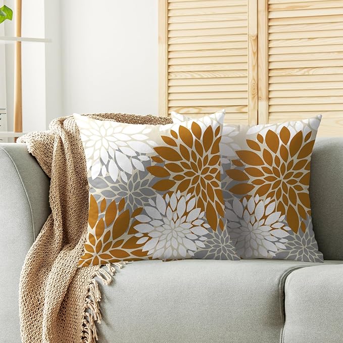 Mustard Yellow White Grey Gray Pillow Covers 24X24 Inch Set of 2, Modern Dahlia Floral Print Decorative Throw Pillow Covers Outdoor Farmhouse Cushion Case for Home Couch Sofa Bed Decoration
