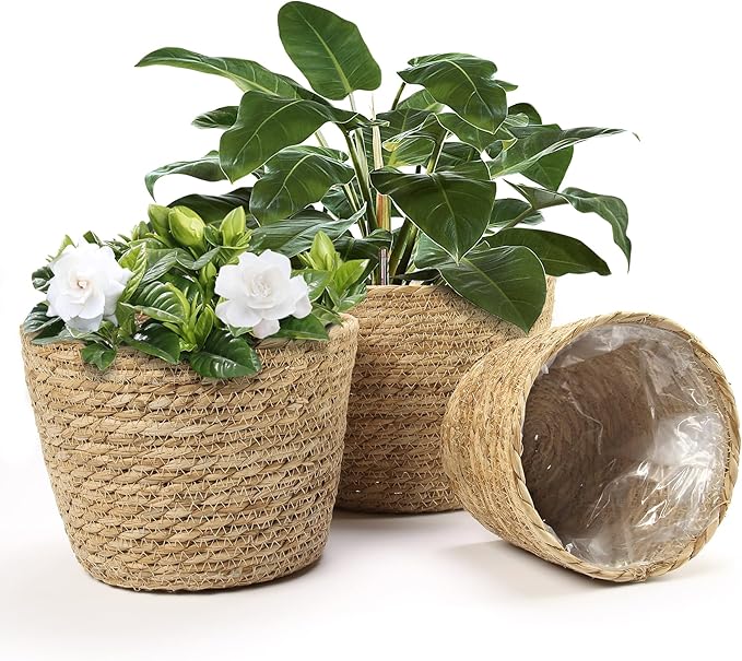 Athaliah Plant Basket Set of 3, Woven Plant Baskets Indoor with Plastic Liner, Water Hyacinth & Corn Husk Planter Baskets, Floor Plant Baskets for Pots, Rustic Farmhouse Home Decor