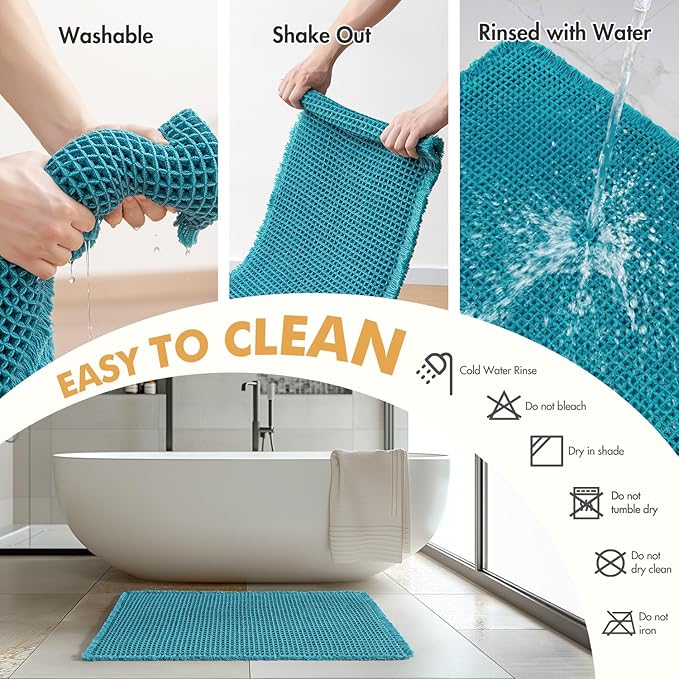 MIULEE Set of 2 Waffle Bathroom Rugs, Boho Bath Rugs Non Slip Washable, Super Absorbent Bath Mats, Ultra Soft Rubber Backed Shower Mats for Bathroom Floor, Tub and Shower, Teal, 18x30 Inch