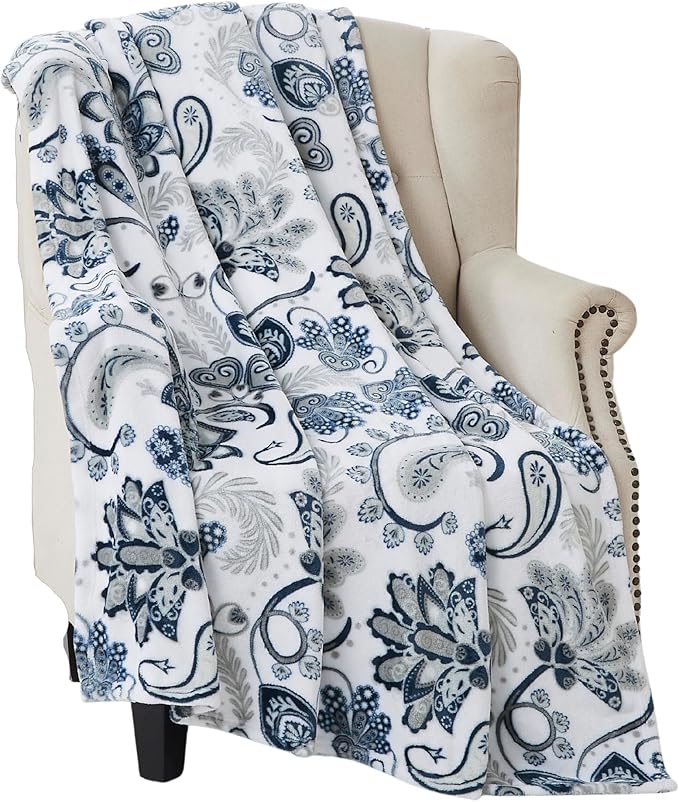 Serafina Home Throw Blanket: Velvety Soft, Durable Fleece Accent for Bed or Couch (Navy Damask and Paisley, 50 x 70 inches)