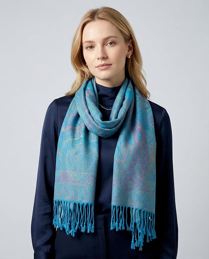 Achillea Reversible Paisley Pashmina Rave Scarf – Exotic Indian Shawls and Wraps for Evening Dresses, Festivals, All Seasons