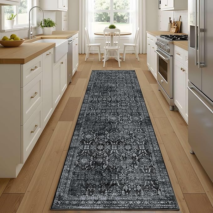 2'6''x8' Runner Rug, Washable Kitchen Rugs, Black Boho Vintage Floral Hallway Runner, Non Slip Low Pile Area Rug Carpet for Hallway, Kitchen, Laundry Room and Bathroom(Black 2.6x8ft)